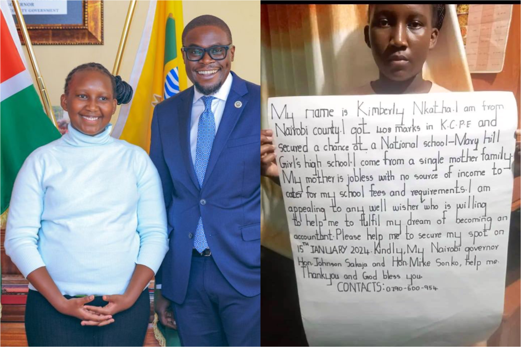 Photo collage of Nairobi Governor Johnson Sakaja with Kimberly Nkatha.